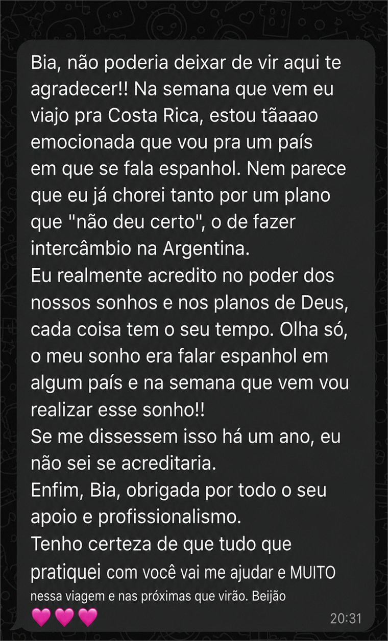 Mensaje de WhatsApp de Palloma agradeciendo a Beatriz