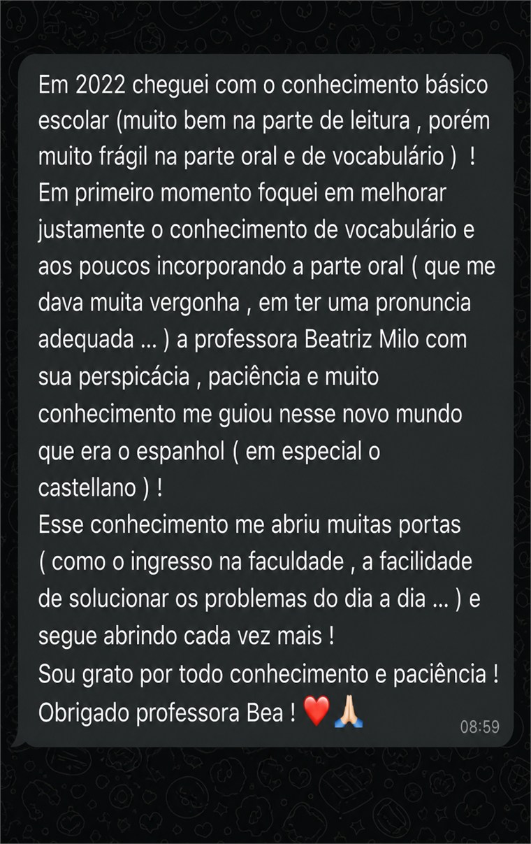 Mensaje de WhatsApp de Pedro sobre sus clases de español